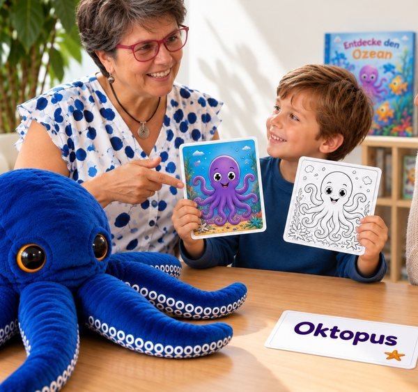 Claudia Doron zeigt einem Jungen eine Oktopus-Bildkarte, daneben liegt ein grosser Plüsch-Oktopus auf dem Tisch.