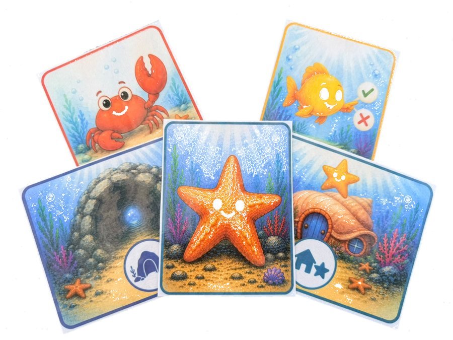 Fünf Bildkarten zur Geschichte Der verlorene Seestern: Krabbe, Fisch, Höhle, Seestern und Muschel.
