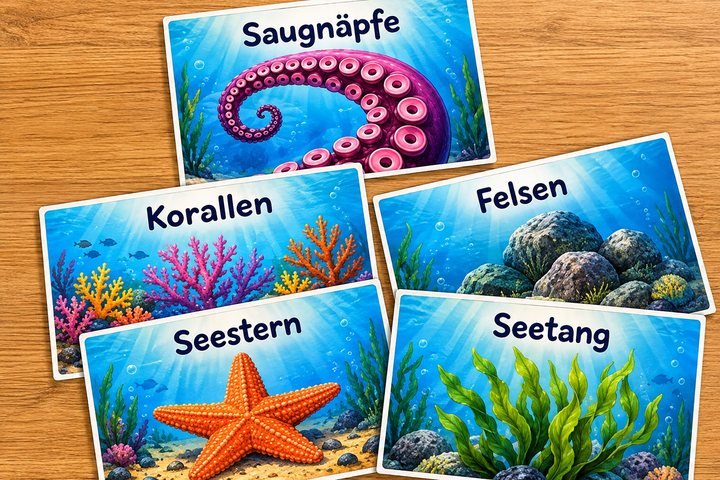 Bildkarten aus dem VOCA-Set auf einem Holztisch: Saugnäpfe, Korallen und Seestern.