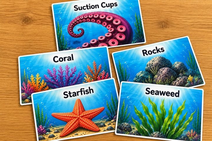 Picture cards from the VOCA set on a wooden table: Suction Cups, Coral and Starfish.