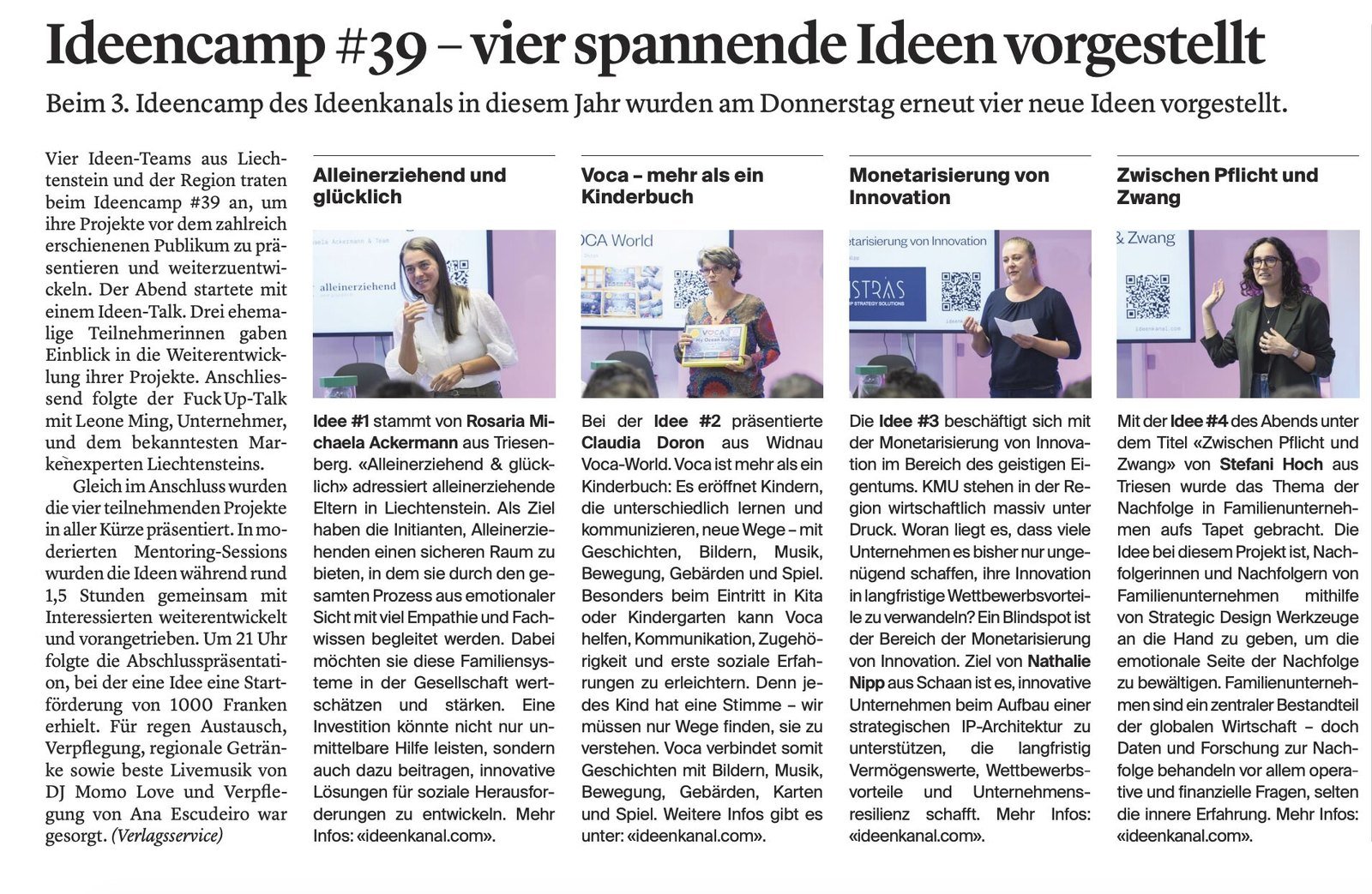 Zeitungsseite mit dem Bericht über das Ideencamp #39, in dem VOCA als Idee #2 vorgestellt wird.
