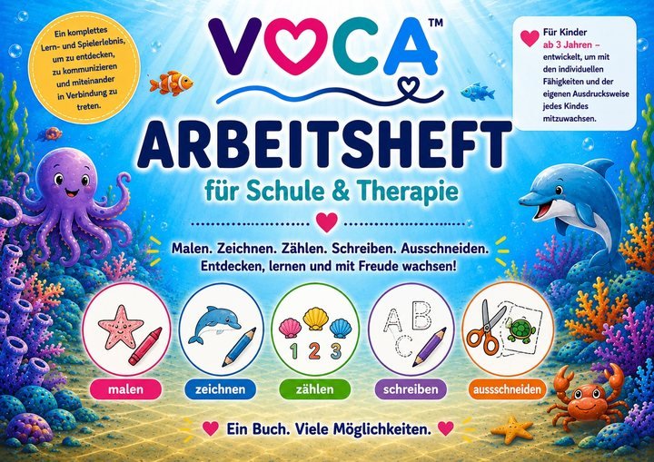 Cover des VOCA-Arbeitshefts mit den Tätigkeiten Malen, Zeichnen, Zählen, Schreiben und Ausschneiden.